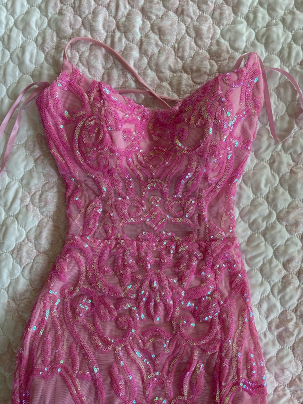 Windsor Pink Sequin Spaghetti-Strap Prom Gown with Thigh Slit - Picture 11 of 12